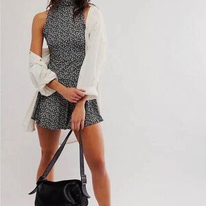 NWT Free People Check It Hater Neck A Line Mini Dress Black Medium floral